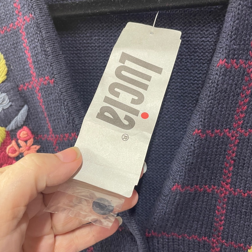 Lucia Floral Embroidered Vintage New Plaid Cottagecore Navy size M Sweater Vest - Picture 4 of 8